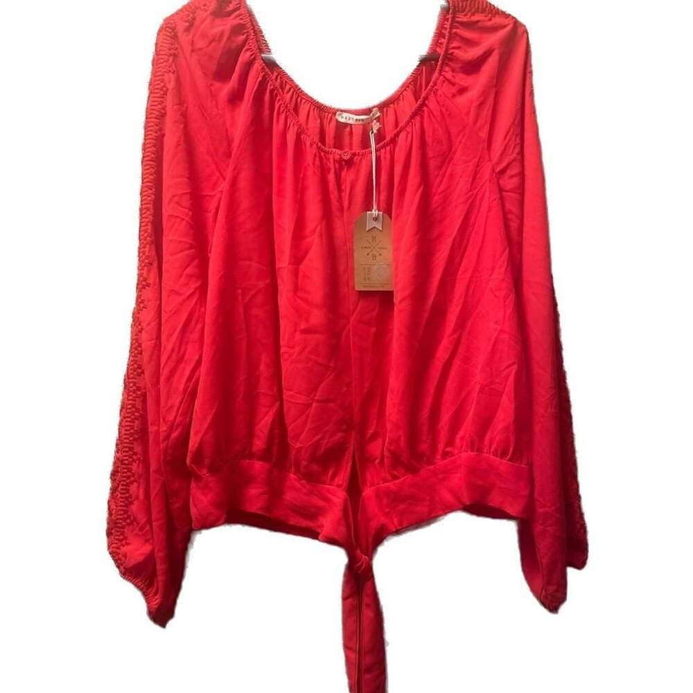 Umgee Red Crop Blouse Bell Sleeve Crochet Lace Boat Neck
